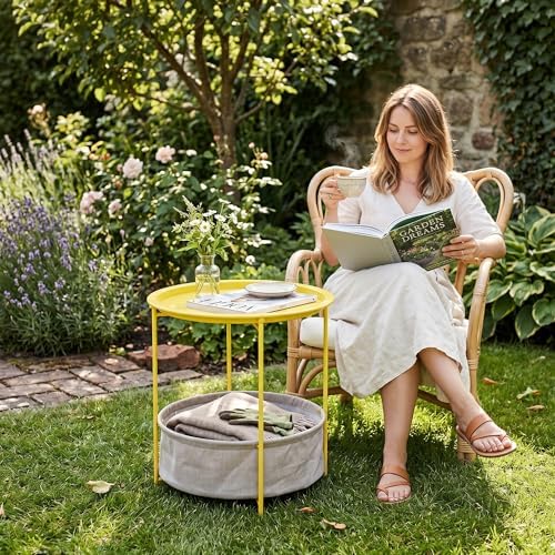 VECELO Round Side/End Table with Fabric Storage Basket，Metal Anti-Rust and Waterproof Small Bedside Nightstand with Removable Tray Top for Living Room，Balcony & Laundry，Yellow /2pcs with Basket - Image 2