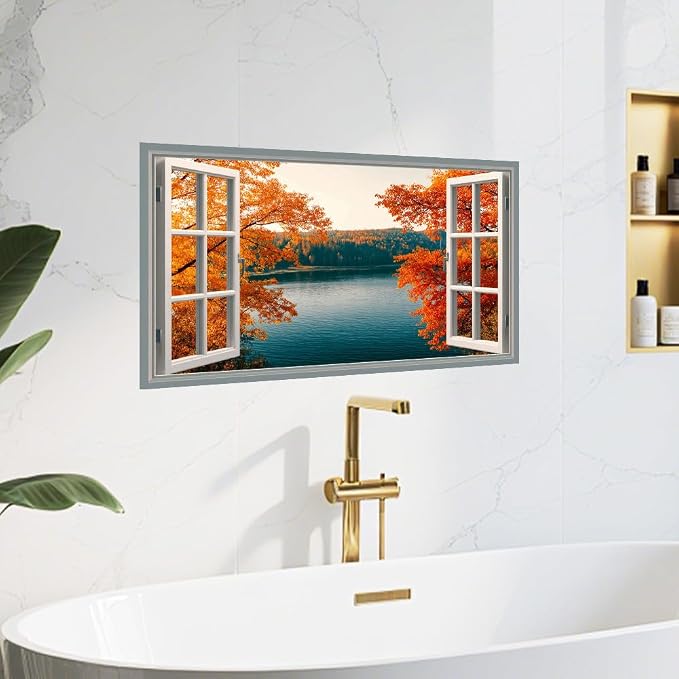 Autumn Lake Kitchen Backsplash Peel and Stick, 30x16 in | Open window view of fiery orange autumn forest over still blue lake; flat 2D waterproof peel and stick; wipe clean; 30x16 in - Image 8