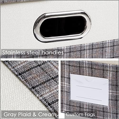 PRANDOM Collapsible Storage Bin with Lid [3-Pack] Fabric Foldable Storage Box Organizer Container Basket Cube with Cover for Home Bedroom Closet Office Nursery Gray plaid & Cream(14.9x9.8x9.8) - Image 5