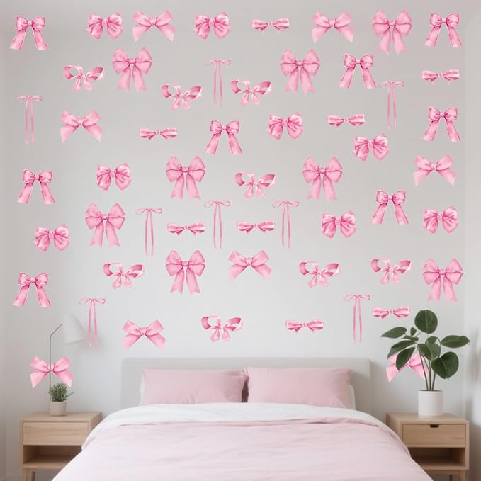 Arawat 8Sheets/56 Pcs Pink Coquette Bow Room Decor for Bathroom Women Bedroom Aesthetic Room Decor Bow wall Decoration for Bedroom Pink Bows wall Stickers Decals Peel and Stick - Image 6