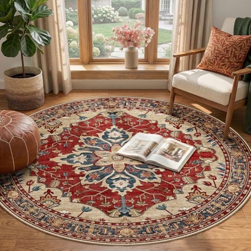 RELEANY Washable Area Rug, Round 4ft, Red/Blue - Image 2