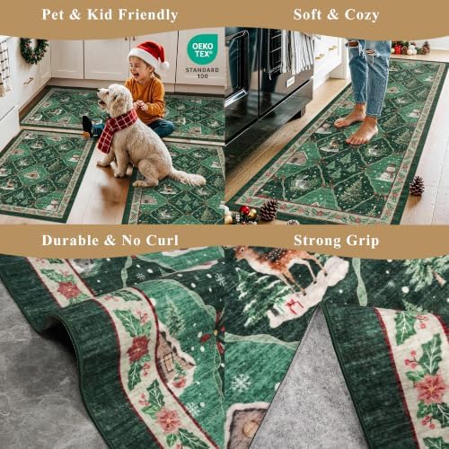 Christmas Decorations Kitchen Rugs Set of 3: Washable Non-Slip Kitchen Mat for Floor Snowman and Gnome Soft Vintage Farmhouse Runner Rug for Sink Floor Mats ＆Indoor, Hallway, Entryway, (Green) - Image 5