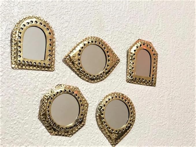Set of 5 Small Decorative Wall Mirrors – Gold Brass Handmade Mirror Set | Octagon, Arched, Horizontal Oval, Square and Diamond Shapes | Living Room, Bedroom, Home wall Hanging Mirrors Decor - Image 5