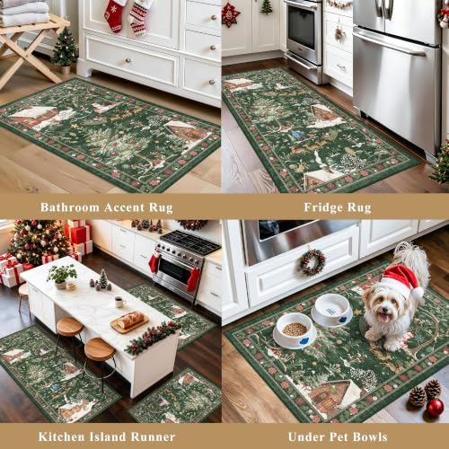 Holiday Christmas Rugs Kitchen Sets of 3, Green Washable Throw Kitchen Mat Low Pile Soft Non-Slip with Rubber Backing for Sink Floor Mat ＆ Hallway, Entryway - Image 6