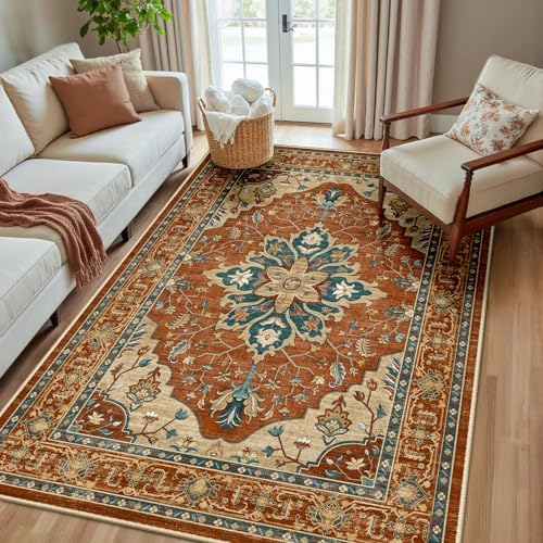 RELEANY Washable Area Rug, 5'x8', Red/Orange/Blue/Brown by RELEANY