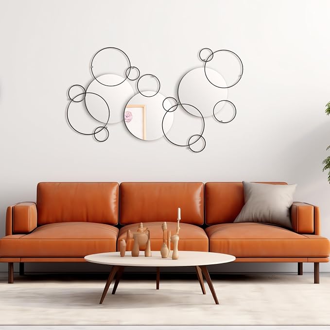 Hicarer 9 Pcs Split Decorative Wall Mirror Modern Black Wall Decor DIY Metal Wall Mirrors for Living Room Decor Circle Plates Overlapping Decorations Wall Decor Set for Hallway Entryway - Image 2
