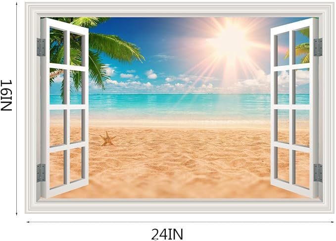 Fake Window Wall Decal- Summer Beach Ocean Palm Tree Open Wall Art Sticker | Faux Window Natural Scenery Landscape Mural ｜ Stick and Peel Wall Decals｜for Room Bedroom Office Scene Picture Decor｜24"x16" - Image 4