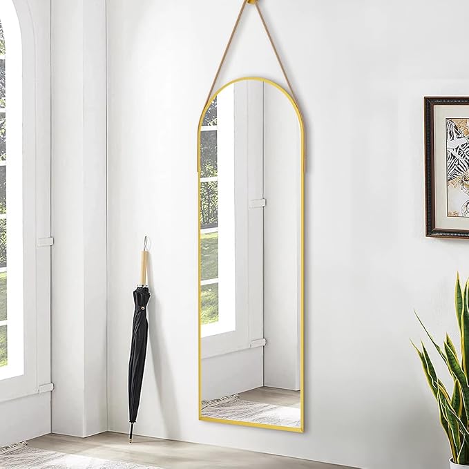 Dewfig 48"x16" Arched Full Length Mirror, Wall Mirror, Leather Strap, Gold - Image 2
