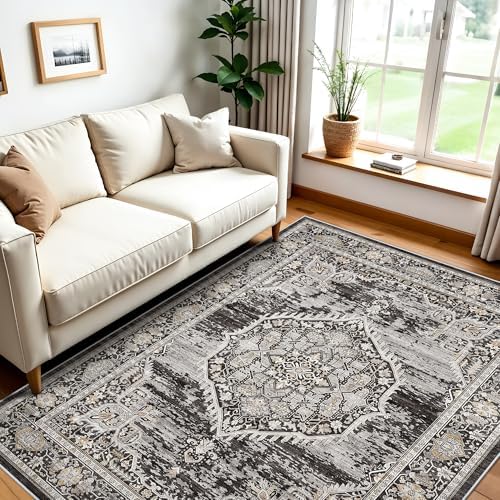Washable Area Rugs 5x6 Entryway: Soft Ultra Thin Low Pile Mat Machine Washable Indoor Doormat Lightweight Entry Rug Anti Slip Backing Rugs for Living Room Bedroom Kitchen 5'x6' Black by YOUFORTONG