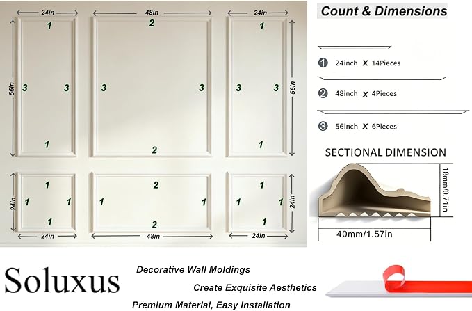 Peel and Stick Wall Molding Kit, 24 Pre-Cut Pieces, 6 Frames for Home Decor | DIY Beginner Friendly, No Drill No Damage, For Rental Apartment, Living Room Bedroom Hallway Accent Walls - Image 2