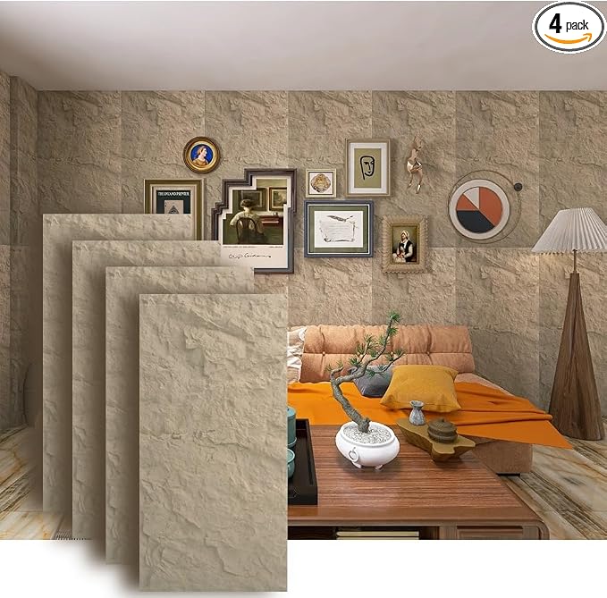 4-Pack 3D Faux Stone Wall Panels Rock Wall Panel Stone Yellow | 47.24"*23.62" PU Stone Wall Panels for Interior Decor, Lightweight & Waterproof by ARTSLATSLatisakindofart