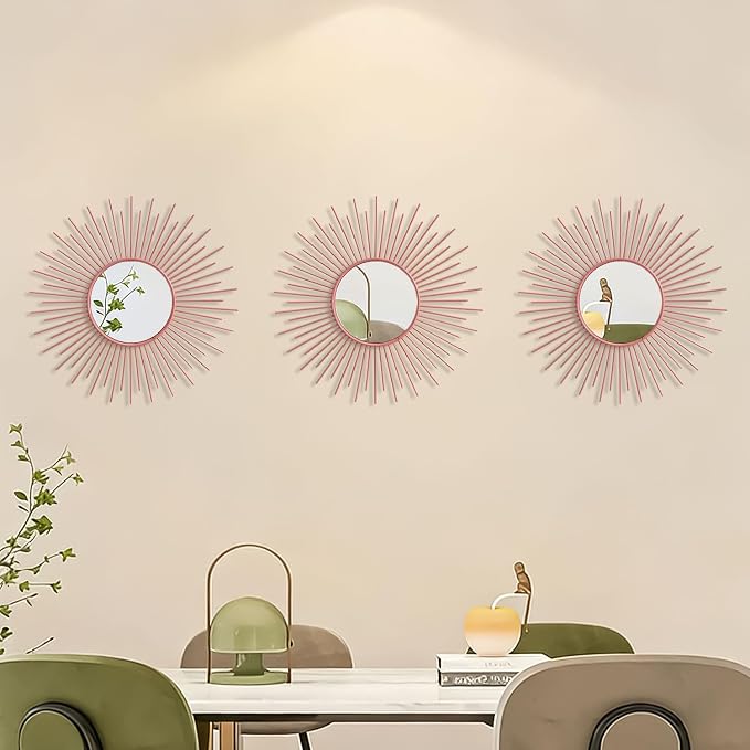 3 Pack Metal Mirrors for Wall Sunburst Wall Mirrors Home Décor Decorative Hanging Wall Art for Living Room Bedroom Entryway (Pink, Sunburst) - Image 3
