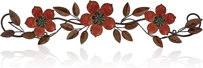 Wesiti Metal Flower Wall Decor Wrought Iron Scroll 15.7x3.7,Red | Vintage Metal Flower decor,Farmhouse Leaf Art with Nails, Flat Not 3D Design, For Bedroom Kitchen Indoor Outdoor Wall Decor by Unteilti