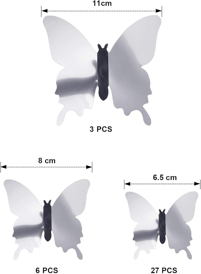 BBTO 48 Pieces Butterfly Wall Decor DIY 3D Mirror Butterfly Stickers Removable Decals Crafts for Birthday Party Bedroom School Bathroom Living Room Decor（Sliver） | Butterfly Stickers,3 Sizes,for Birthday Party Cake,Room Nursery Bathroom Wall Decor,Remo... - Image 2