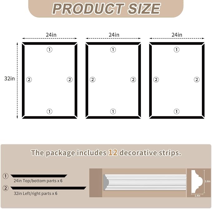 JBER Peel and Stick Wall Molding Kit, 6 Pre-Cut Wainscoting Panels, White | Ready-to-assemble pre-cut molding, 3D wall trim for interior wall décor, living room & bedroom, 3 top 3 bottom - Image 2