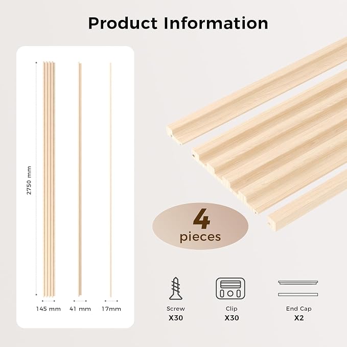 Slat Wall Panel 4-Pack, 108’’x5.7’’, Natural Wood | Real Wood Material, with 2Pcs End Trims, Wood Wall Panel for Interior Wall Decor, Bedroom, Living Room, TV Background - Image 3