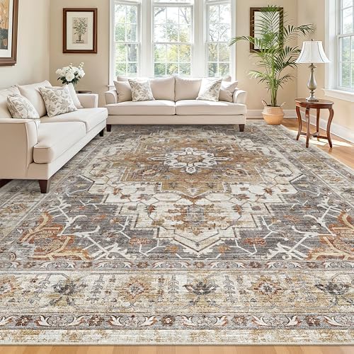 Madane 8x10 Area Rugs for Living Room, Non-Slip Washable Rug, Turmeric/Grey - Image 2
