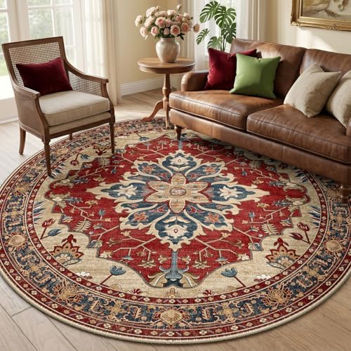 RELEANY Washable Area Rug, Round 6ft, Red/Blue by RELEANY