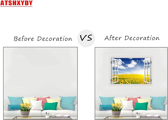 Fake Window Wall Decal- Summer Blooming Sunflowers Open Wall Art Sticker | Faux Window Natural Scenery Landscape Mural ｜ Stick and Peel Wall Decals｜Room Bedroom Office Decor｜48"x32",Set of 2 Sheets - Image 3