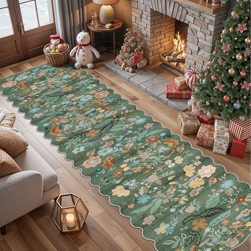 Washable 2'6x12 Hallway Runner Rug: Soft Entryway Kitchen Floral Runners Non Slip Water Resistant Nursery Bathroom Floor Mat Light Weight Carpet for Living Room Bedroom (2'6x12 Floral/Green) by HYHAOYUNLAI
