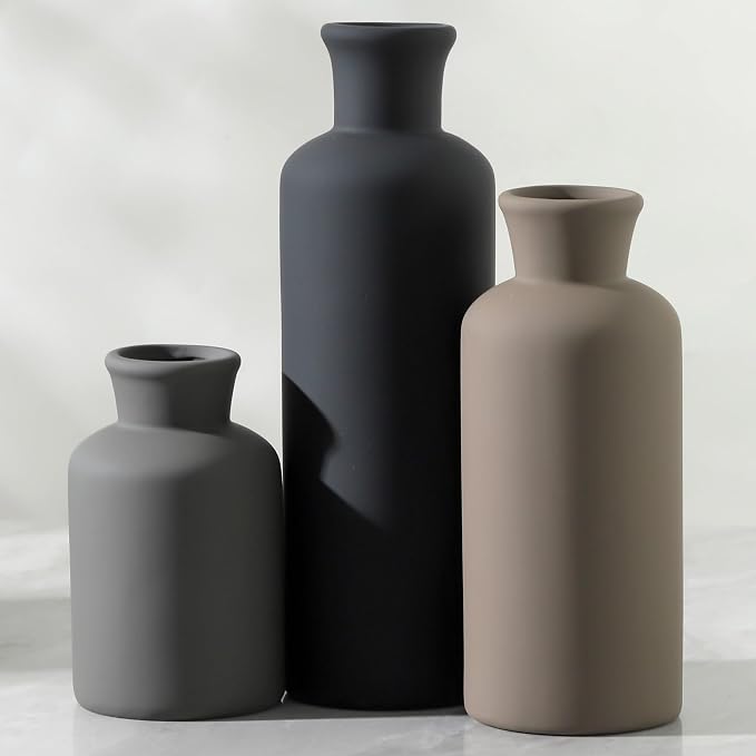 Ceramic Vase Set of 3, Neutral Vases Home Decor Rustic Farmhouse Decor Vase Terra Cotta Pottery Vases for Bouquet Pampas Grass Dried Fresh Flowers Living Room Kitchen Bedroom Bathroom - Multicolor by ooit