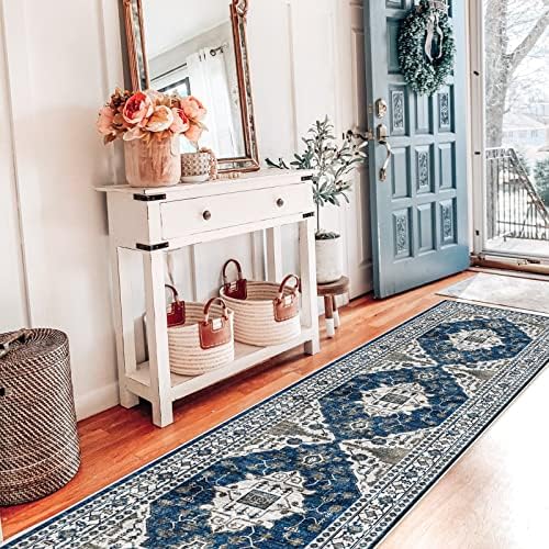 Hallway Washable Runner Rug - 2x7 Kitchen Rugs Entryway Rug Runner Vintage Soft Floor Mat Non Slip Indoor Farmhouse Carpet for Bathroom Living Room Bedroom (2 X 7, Blue) - Image 2