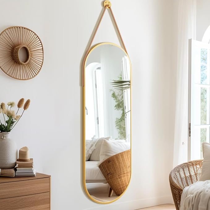 Dewfig 48"x16" Full Length Mirror, Oval Wall Mirror, Leather Strap, Gold - Image 2