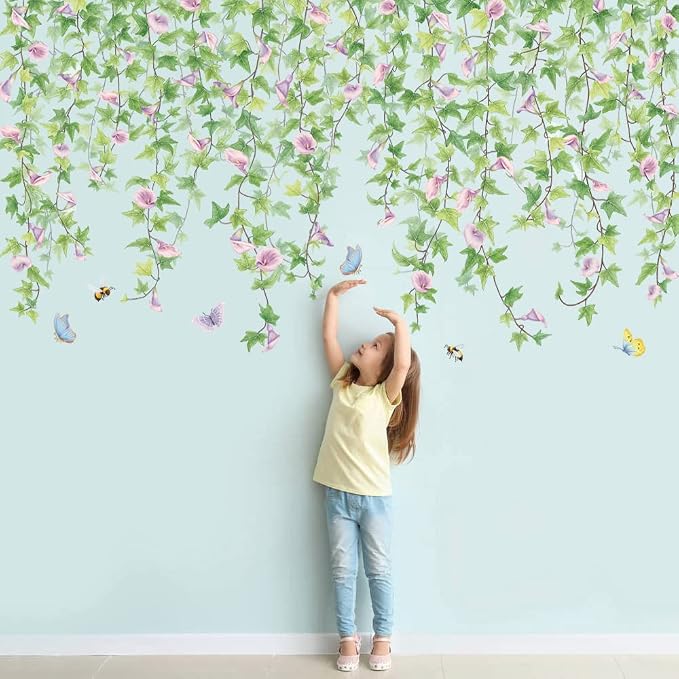 2 PCS Morning Glories Vine Wall Decals Purple Flowers Wall Stickers Green Leaves Wall Decal DIY Removable Butterfly Bee Art Murals Wallpaper for Girls Bedroom Living Room Offices Classroom Home Decor - Image 5