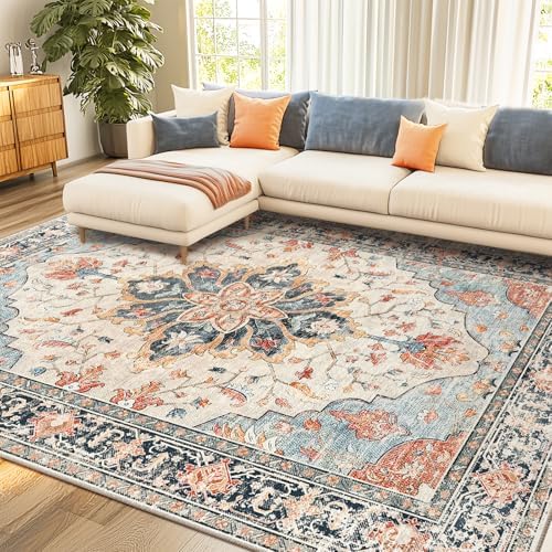 RELEANY Washable Area Rug, 7'x10', Beige/Blue/Orange by RELEANY