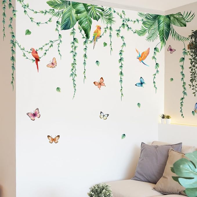 Jungle Wall Decals Peel and Stick, Large Tropical Palm Leaves & Parrot Wall Stickers, Removable Watercolor Forest Mural for Living Room, Bedroom, Nursery (Green-a) by Unknown