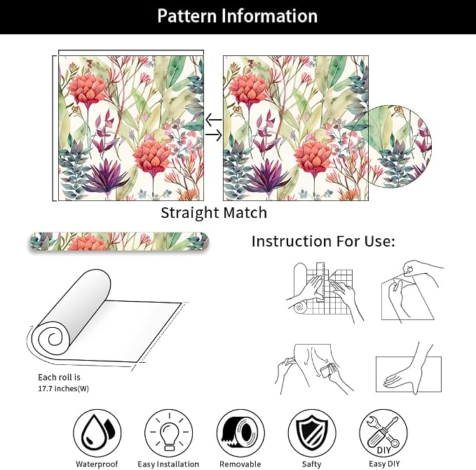 Watercolor Purple/Red/Green Grass Wildflower Floral Peel and Stick Wallpaper Wall Decor Self Adhesive Wall Paper Stick on Easy Peel Off Contact for Renter Apartment - Image 7