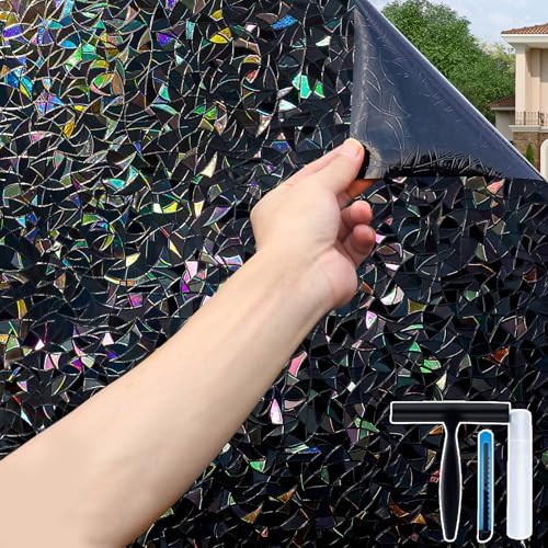 Volcanics Total Blackout Window Privacy Film with Installation Tools, Rainbow Room Darkening Black Window Cover, Static Cling 100% Light Blocking 17.5 x 78.7 Inches by Volcanics