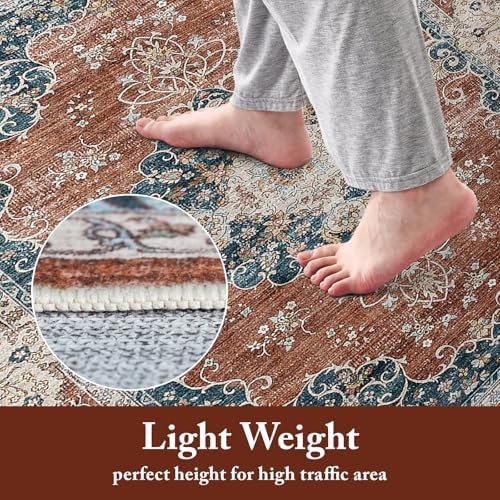 Ksrau 3x10 Runner Rug Washable Vintage: Non Slip Hallway Runners Brick/Blue - Image 5