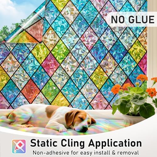 Sunbaby Stained Glass Winodw Film, Rainbow Lattice Stickers, 35.4"x157.4" - Image 5