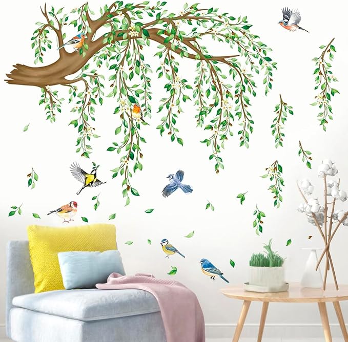 Large Tree Sticker Green Hanging Plants Wall Sticker Birds Flower Branches Wall Art Decals Wall Murals Peel and Stick Nature for Living Room Bedroom TV Wall - Image 5