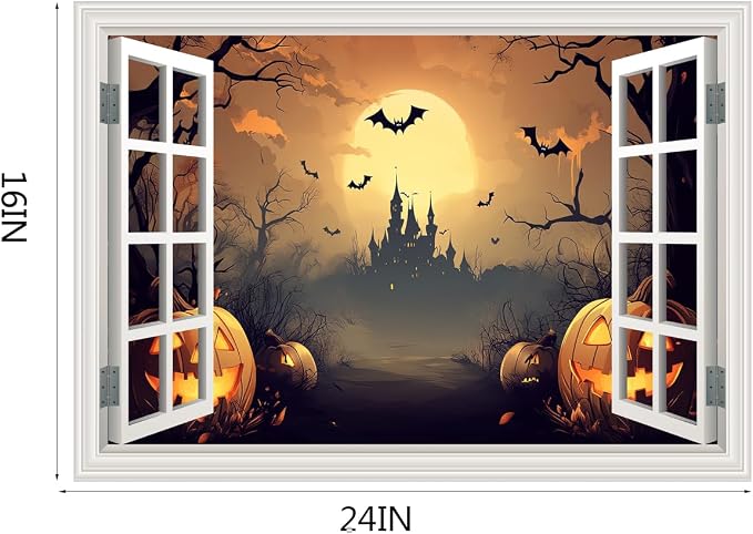 Halloween Decorations Fake Window Wall Decals，Full Moon Night View Terror Castle Pumpkin Bat Spooky Wall Art Poster Sticker Decal ，for Home Halloween Party Scary Scene Decor Peel and Stick 16“x24” - Image 2