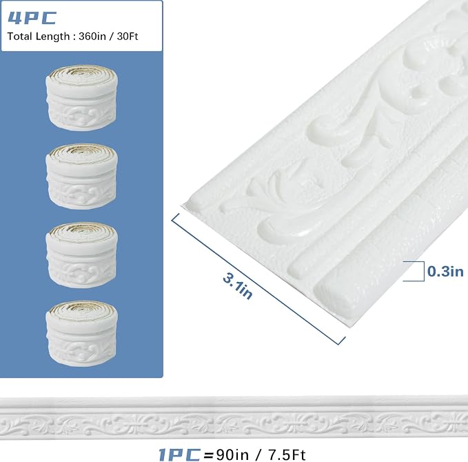 360" x 3.1" Peel Stick Foam Molding Trim Self Adhesive, Crown Molding Wallpaper Border Flexible, 3D Wall Edging Lines Foam Baseboard, Wall Trim for Home, White, 4PC - Image 2
