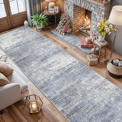 Washable Abstract 14ft Runner Rug: Non-Slip Low-Pile Rug Runner Soft Beside Carpet Indoor Farmhouse Entryway Floor Mat Bathroom Living Room Stain Resistant Area Rugs Cozy Home Decor(2'6x14,Blue/ivory) - Image 4
