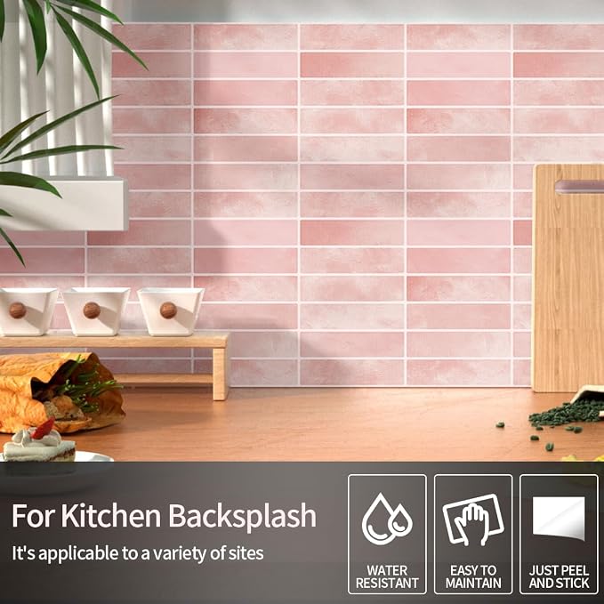Peel and Stick Backsplash 3D Wall Tiles,Self-Adhesive,Oil Proof,Waterproof, Removable Wall Panels for Kitchen & Bathroom,Modern Design, Easy Install (10.7ft，12x9 inch,14 Pack) (Pink) - Image 7