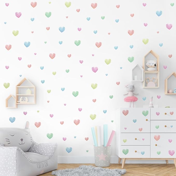 Watercolor Heart Wall Stickers,Colorful Heart Wall Decals,Easy to Peel and Stick Multicolor Heart Wall Decoration for Kids Bedroom Wallpapper Nursery Living Room Classroom Wall Décor - Image 2
