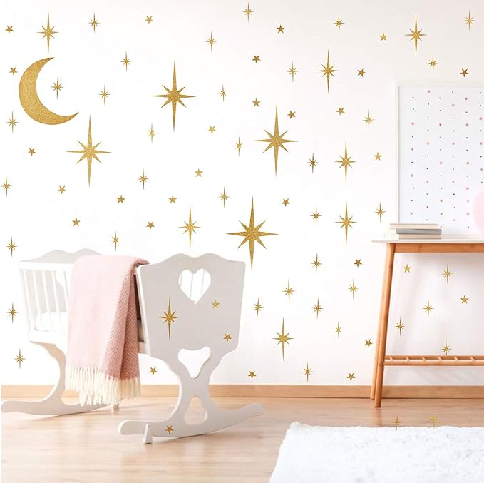 Retro Starburst Wall Decals Stars Wall Sticker Star Moon Vinyl Decal Golden | Celestial decor, sparkle wall stickers decoration, peel and stick, removable art mural, for girls bedroom living room nursery - Image 3