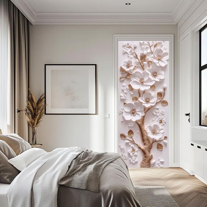 arricraft 2 Pcs Self-Adhesive Door Sticker, 31.5"x78.7" 3D Flower and Golden Branch Door Murals Stickers PVC Removable Wallpaper Decoration for Bedrooms ​Living Room - Image 6