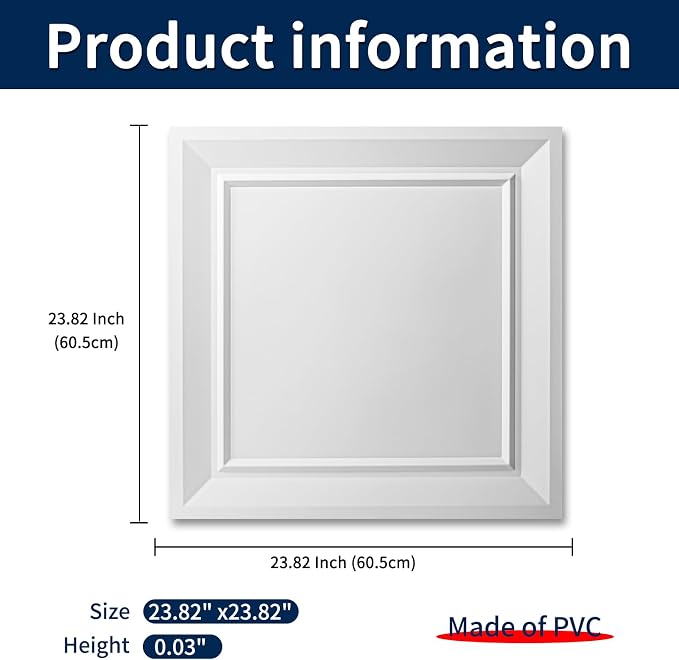 Art3dwallpanels Ceiling Tiles, 24 x 24 Inch, 12 Pcs, White | Drop Ceiling Tiles, High Grade PVC Wall Panels, Drop in, Fire Rated, Waterproof, Light Weight, Cover 48 Sq.Ft - Image 3