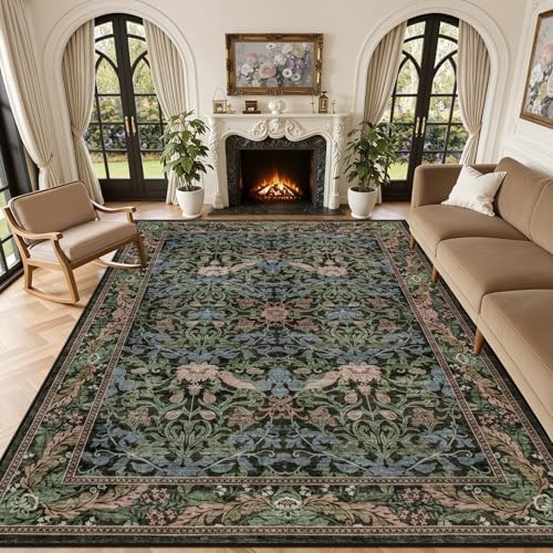 8x10 Area Rug Living Room: Soft Floral Washable Carpet Brown Green by EXPEDIX
