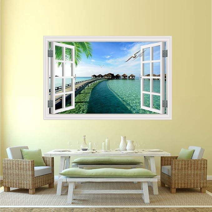 Self-Adhesive Wall Sticker Romantic Living Room Bedroom Study Office Decorative Wall Sticker Ocean Scenery Fake Window Sticker Mural (17.3"×27.6", Maldives) - Image 3