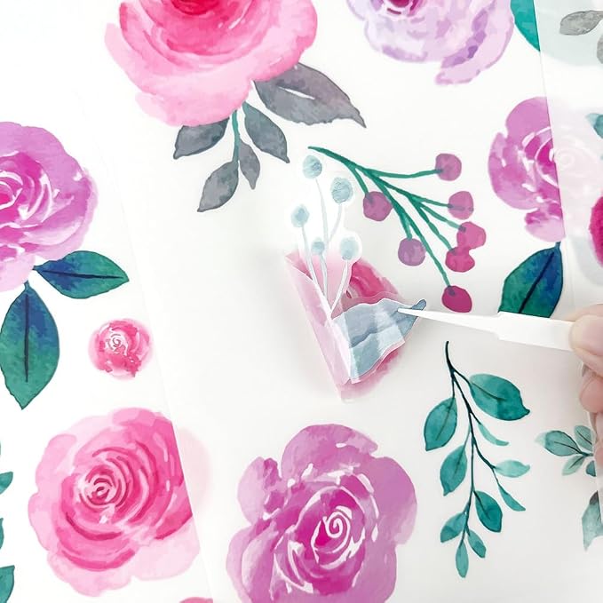 114 PCS Aesthetic Peel & Stick Watercolor Pink Flowers Wall Decals Set | 12 Sheets Removable Rose & Peony Floral Wall Stickers for Nursery, Girls Room, Living Room & Wedding Backdrops Decor - Image 4