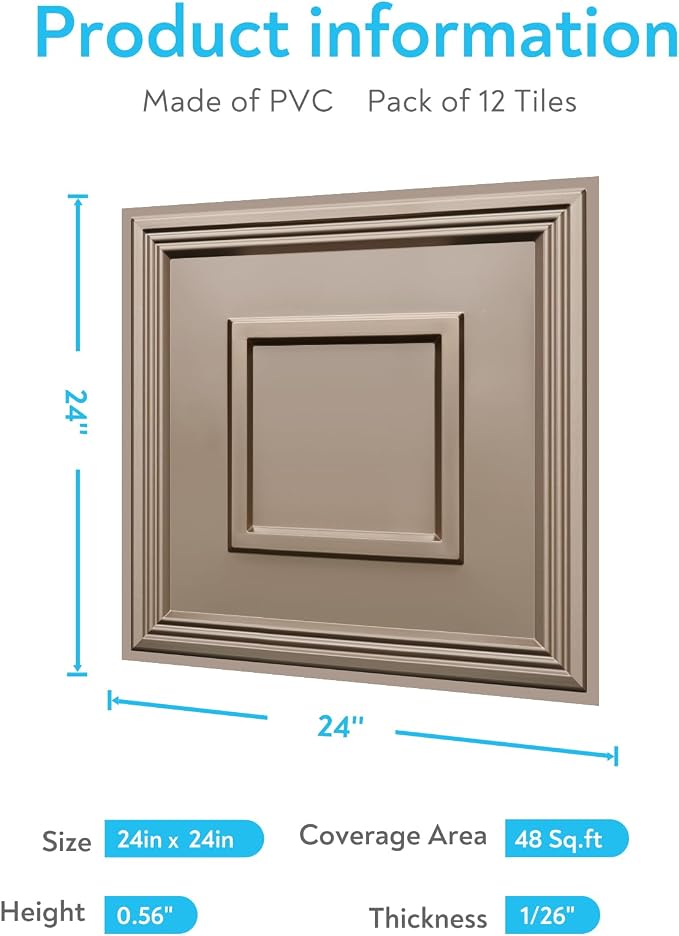 STICKGOO Glue-Up Ceiling Tiles, Golden Coffee, 24 x 24 in, 12 Pack | 2 x 2ft Drop ceiling panels, PVC decorative ceiling tiles, covers 48 sq ft, waterproof, lightweight - Image 4