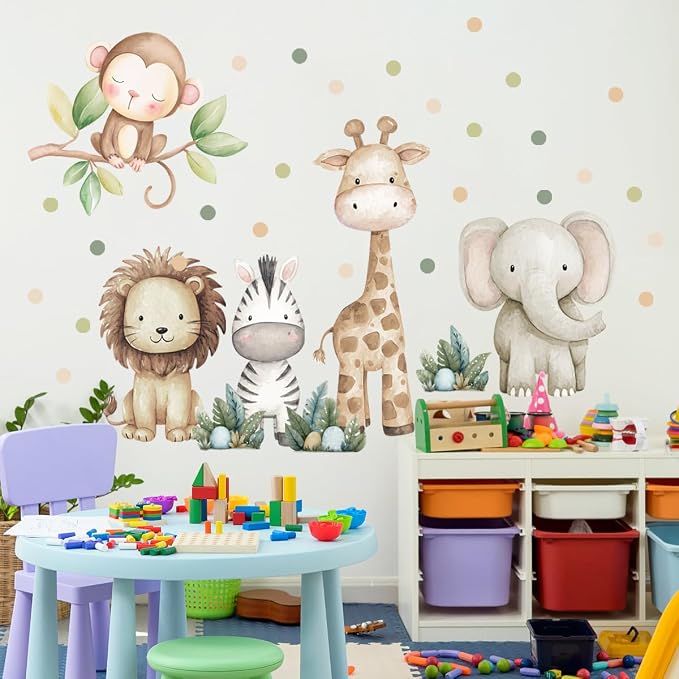 Safari Animals Nursery Wall Decal, Peel and Stick Nursery Mural Jungle Animals Lion, Elephant Wall Stickers for Kids, Boys and Girls Room, Bedroom & Toddler Room Decor (Boho Animal Dot Decals 59) - Image 6