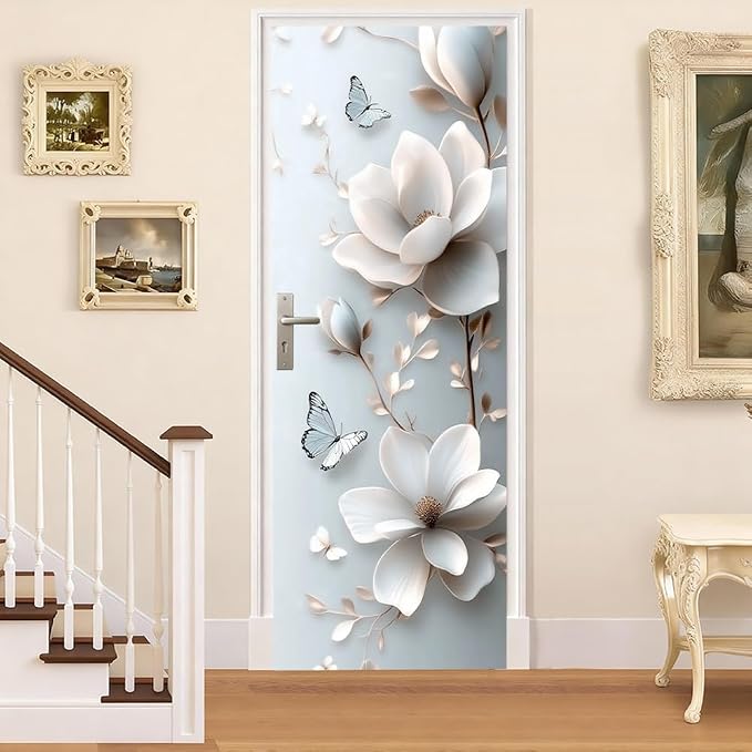 White Magnolia Door Mural, Butterfly Floral 3D Door Cover | Waterproof PVC, 30.3" W x 78.7" L; white magnolia design for bedroom, living room, office or closet doors. - Image 2