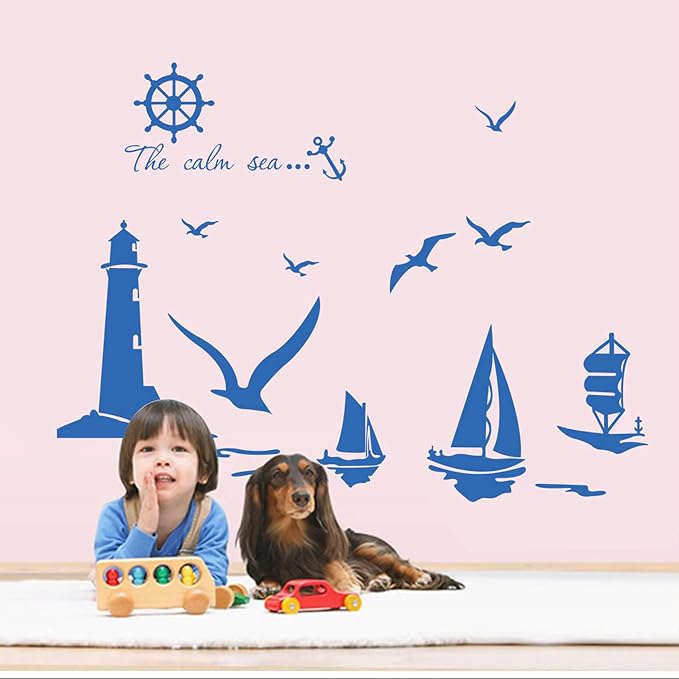 Large Sea Lighthouse Decor Wall Stickers Nautical Wall Decal with Seagulls Boat Wall Decals for Teen Decorations, Bedroom Bathroom Kids Room Nursery Decor - Image 3